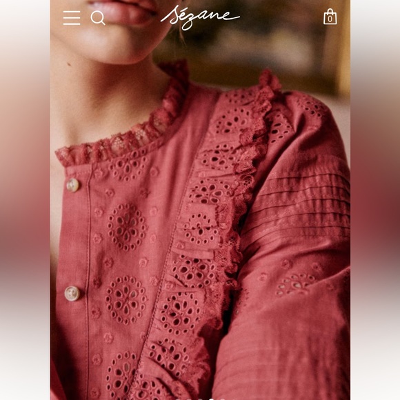 Sezane NELE SHIRT in Rosewood Women's Ruffled Lace Blouse - Picture 8 of 14